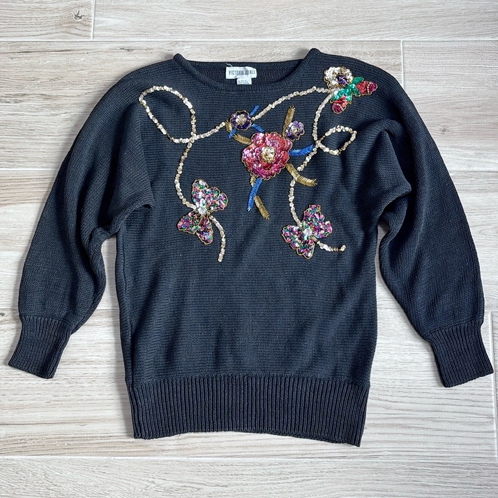 Vintage Victoria Jones Sequin Beaded Floral Black Sweater